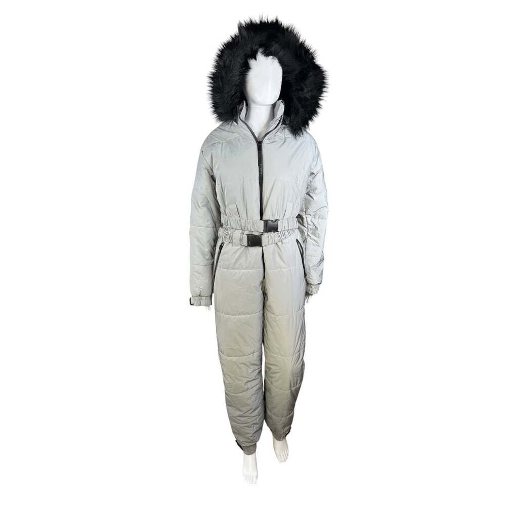 Club Exx Gamma Ray Reflective Silver Puffer Snowsuit with Faux Fur Hood Sz. L